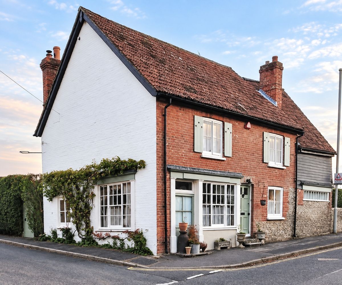 Vineries Cottage from the road at dusk: a white-painted gable end and red-brick front with pale green shutters