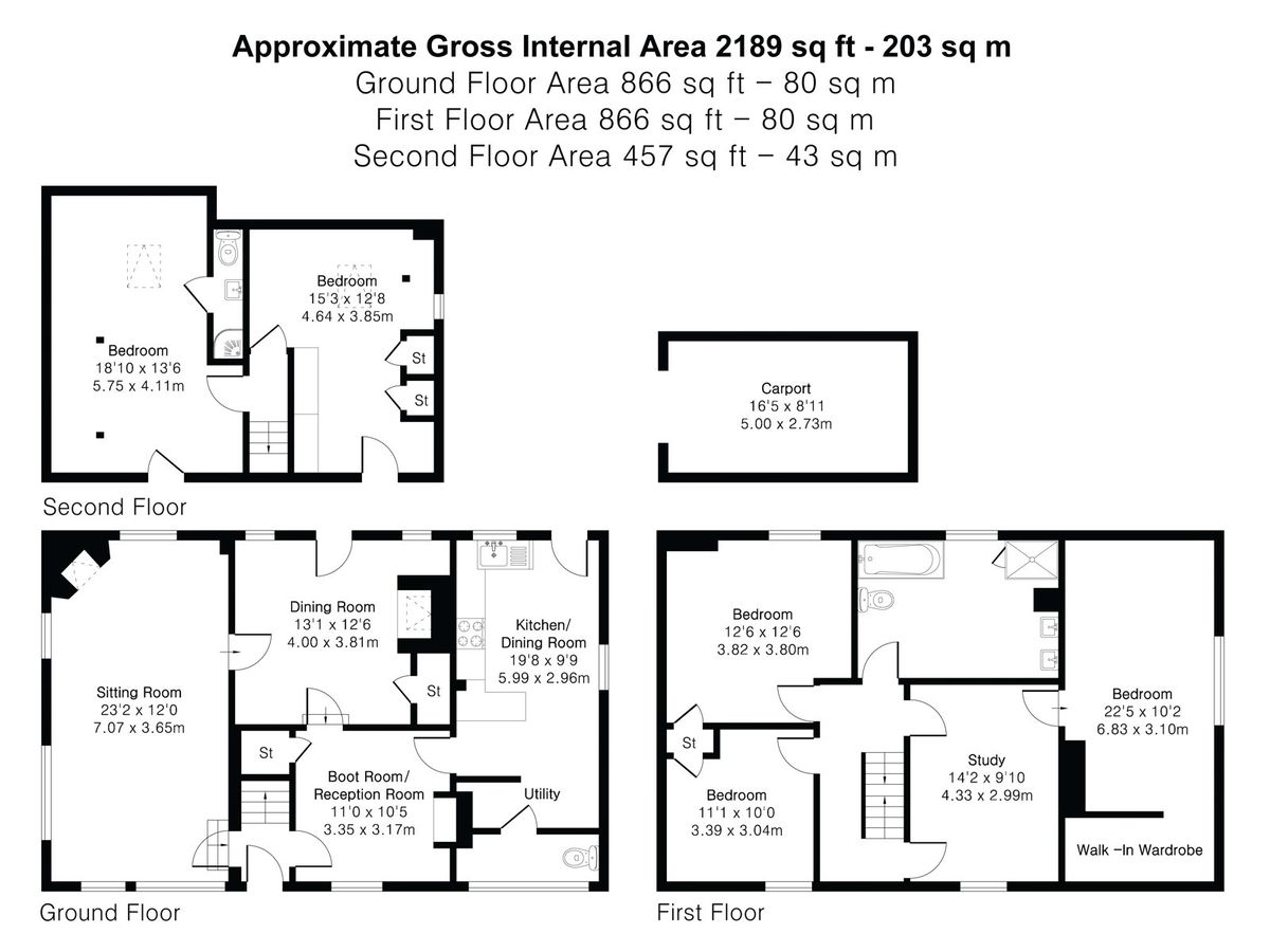 Floorplan of Vineries Cottage across the ground, first and second floors, with the carport shown separately